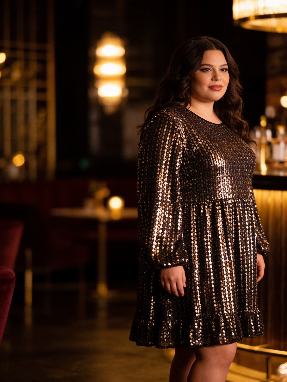 Black & Gold Sequin Tiered Ruffle Dress Plus  Size 3X, Glam, Holiday, Cocktail